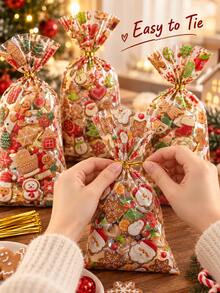48pcs Reusable Christmas Gift Bags With Gold Twisted Rope, 4 Random Holiday Prints, Santa Claus And Gingerbread Man Candy Gift Bags, Suitable For Christmas Party Favors, Cookie Packaging And Holiday Gatherings - Multicolor - View 2