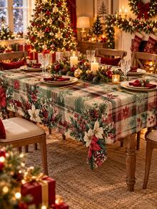1pc Christmas Tablecloth, Vintage Plaid Poinsettia Pine Berry Print Premium Polyester Round Or Rectangle Table Cover, Soft Durable Lightweight Dining Table Protector For Xmas Holiday Party Winter Home Decor - Multicolor - View 5