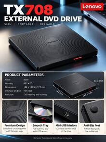 Lenovo Pembakar DVD eksternal, kecepatan baca/bakar 8x all-in-one, antarmuka ganda USB Type-C, drive optik eksternal universal untuk laptop dan desktop, pembaca dan pembakar cakram komputer TX708 QXA1P14058 - View 3