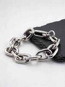 1pc Cool And Simple Metal Style Fashionable Stainless Steel Wide O Chain Bracelet For Men's Party Decoration - Silver - View 4