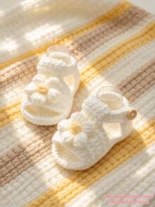 1 Pair Infant Sandals, White Crochet Knit, Flower Decor, Slip-On Style, Soft Sole - White - View 8