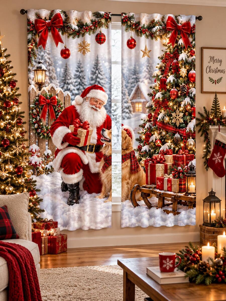 2Pcs Christmas Polyester Window Curtains, Santa Claus Christmas Tree Gift Red Bow Snowflake Snowy Forest Print Rod Pocket Curtain Panels For Living Room Bedroom, Xmas Holiday Home Decor - F - View 1