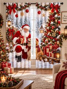 2Pcs Christmas Polyester Window Curtains, Santa Claus Christmas Tree Gift Red Bow Snowflake Snowy Forest Print Rod Pocket Curtain Panels For Living Room Bedroom, Xmas Holiday Home Decor - F - View 9