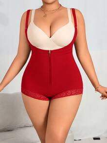 1pc Women's Shapewear, Abdominal Compression, Colombian Style Body Shaper, Zipper Front Jumpsuit - Hot Pink - View 4