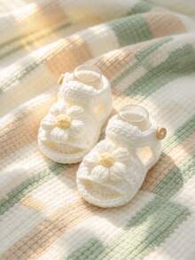 1 Pair Infant Sandals, White Crochet Knit, Flower Decor, Slip-On Style, Soft Sole - White - View 4