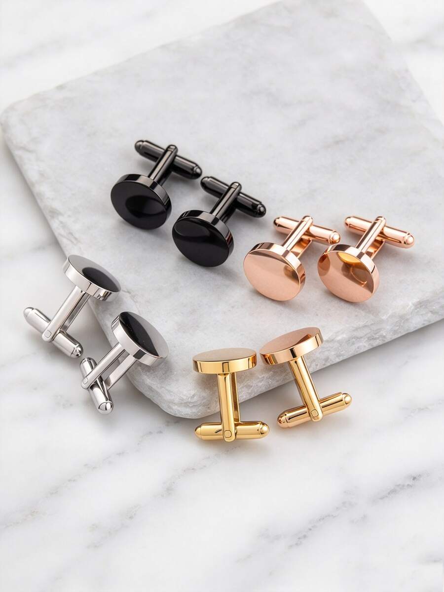 1pair Basic & Chic Minimalist Stainless Steel Gold Plated Round Cufflinks For Men, Valentine's Day Gift,Mom,Mother,Mother's Day,Gift - Round - View 1