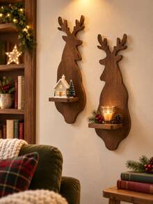 1pc/1set Christmas Deer Wall Candlestick Retro Dark Brown Wall Mounted Storage Rack Party Background Decoration Candlestick Holiday Hanging Storage Rack Home Decoration Suitable For Bedroom Entrances Living Room Fireplace Wall Gifts - Multicolor B - View 4