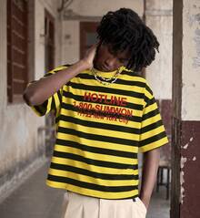 FRACTYR Men's Summer Short Street Letter Striped Print Pattern, American High Street Loose Round Neck T-Shirt, Comfortable For Outdoor Wear - Yellow - View 1