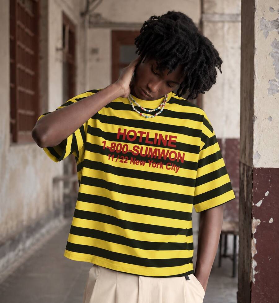 FRACTYR Men's Summer Short Street Letter Striped Print Pattern, American High Street Loose Round Neck T-Shirt, Comfortable For Outdoor Wear - Yellow - View 1