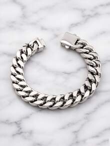 1pc Fashionable & Bold 13mm Wide Stainless Steel Miami Curb Chain Bracelet, Men's Birthday Gift - Silver - View 3