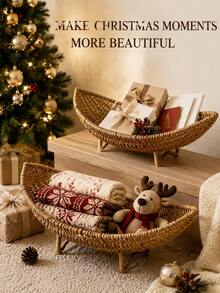 Half-Moon Woven Rattan Basket With Raised Stand, Curved Decorative Centerpiece For Christmas Greenery, Dried Flowers, Entryway Console, Dining Table & Boho Home Decor - Multicolor - View 1