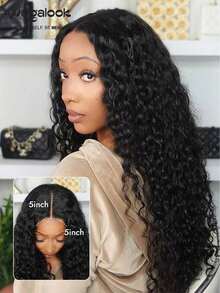 MEGALOOK 360 Full Lace Glueless Deep Wave Wigs 100% Human Hair Invisi Drawstring Natural Black Pull & Go 5x5 Glueless Wig Transparent Lace Pre-Plucked Natural Hairline Beginner Friendly - SNatural - View 4