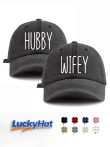 「HUBBY」&「WIFEY」字母圖案印花棒球帽，復古水洗風情侶款爸爸帽，蜜月禮物首選 - 老公與老婆 - 查看 14