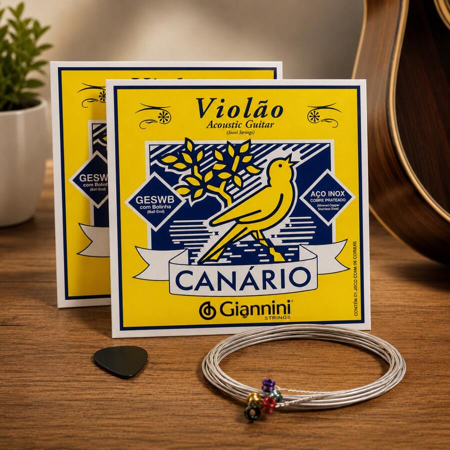 Kit 2 Encordoamentos Giannini Canário GESWB para Violão de Aço, Tensão Média, Cobre Prateado, Cordas com Bolinha, Timbre Equilibrado e Palhetas de Brinde para Músicos