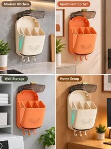Modern Minimalist Plastic Slanted Multi-Compartment Wall-Mounted Kitchen Utensil Storage Rack With Dust Cover, Chopsticks Spoon Fork Holder With Bottom Hook, Space-Saving Kitchen Tableware Organizer For Home, Apartment, Dorm, Housewarming Gift, Autumn/Winter Use - Multicolor - View 8