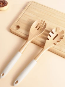 5pcs Wooden Cooking Utensil Set, Heat Resistant Non-Stick Cookware Spatula, Ladle, Slotted Spoon, Round Spoon, Slotted Spatula, Pasta Server, Salad Fork, Kitchen Tools, Wedding Season, Eid Al-Adha - Multicolor - View 5