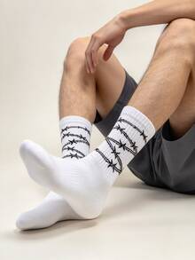 White Base Black Thorn Pattern Mid-Calf Socks Street Style Personalized Casual Versatile Comfortable Skin-Friendly Breathable Men's Socks - Multicolor - View 2