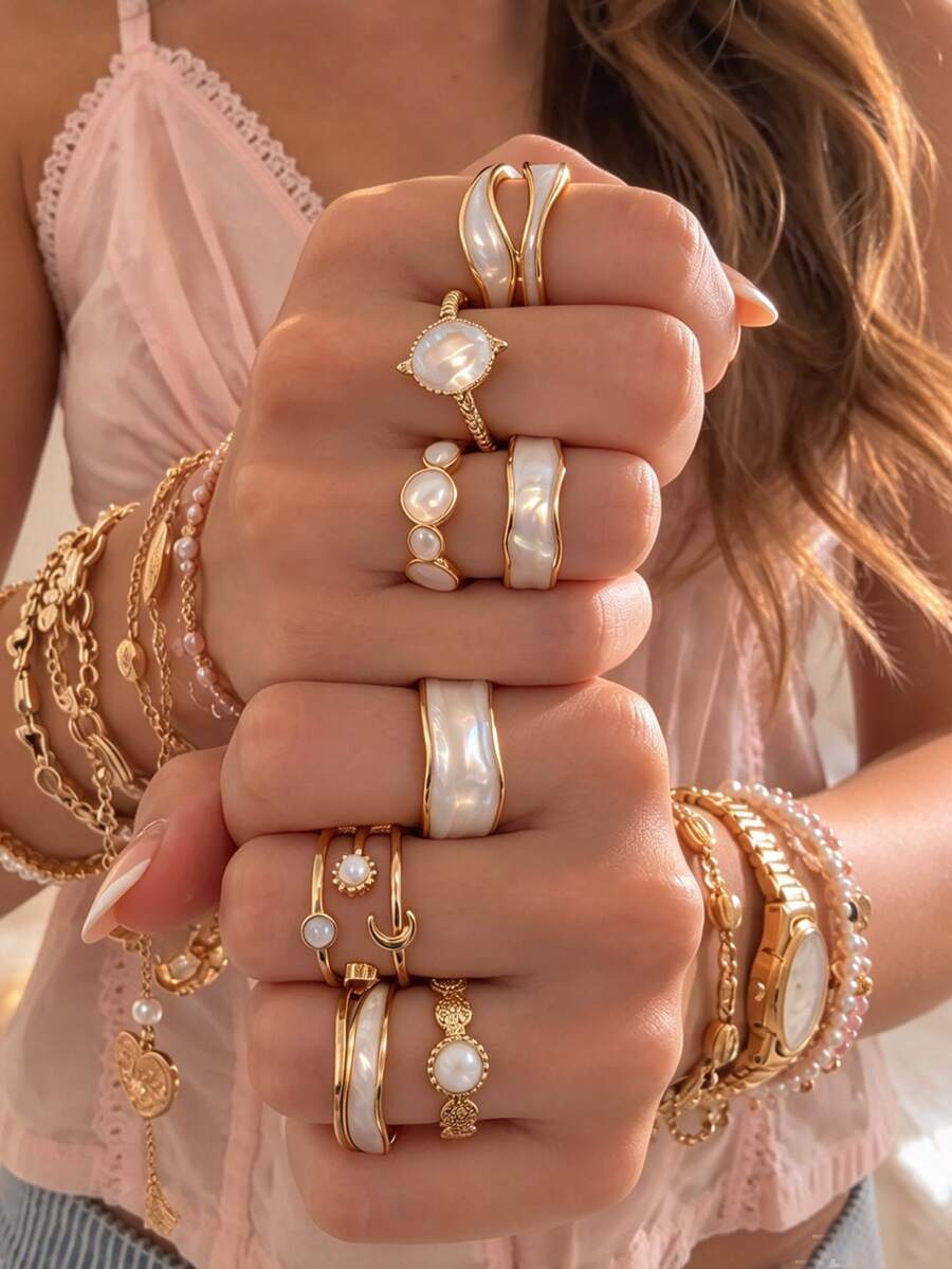 8pcs Fashion Elegant Star Moon Sun Ring Set, Asymmetrical Exaggerated Geometric Pattern Stackable Accessories Jewelry For Women, Suitable For Daily Wear, Date, Party, Versatile Matching, Perfect Gift For Birthday, Female Friends, Halloween, Christmas - Drip Oil Star and Moon Ring Set - View 1