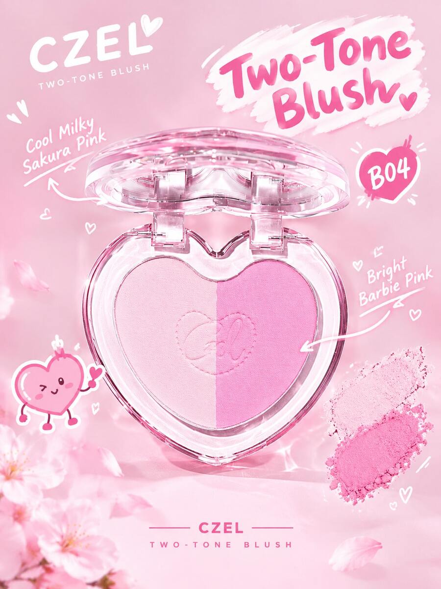 CZEL Palet Blush Dua Warna Bentuk Hati, Tekstur Matte Dapat Dilapis & Pigmen Tahan Lama, Cermin Terintegrasi, Blush Makeup Hati Lucu, Cocok untuk Riasan Harian - B04 - View 1