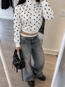 Autumn Casual White Polka Dot Tops For Going Out Long Sleeve Zip Coats Work Wear For Women Back To School - White - View 5