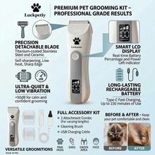 Luckpetly 寵物理毛剪，適用於狗和貓美容，靜音無線狗美容套裝，附 LED 電量顯示，USB 充電式寵物修剪器，附導向梳 - 查看 5