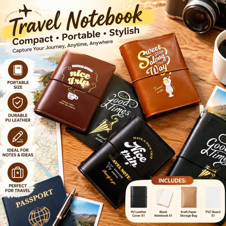 Standard / Passport Size Vintage Strap Pocket Journal, Compact Travel Notebook, Full Set With PU Leather Sleeve, Blank Refill, Kraft Storage Pouch & PVC Board, On-The-Go Notepad For Trip Planning