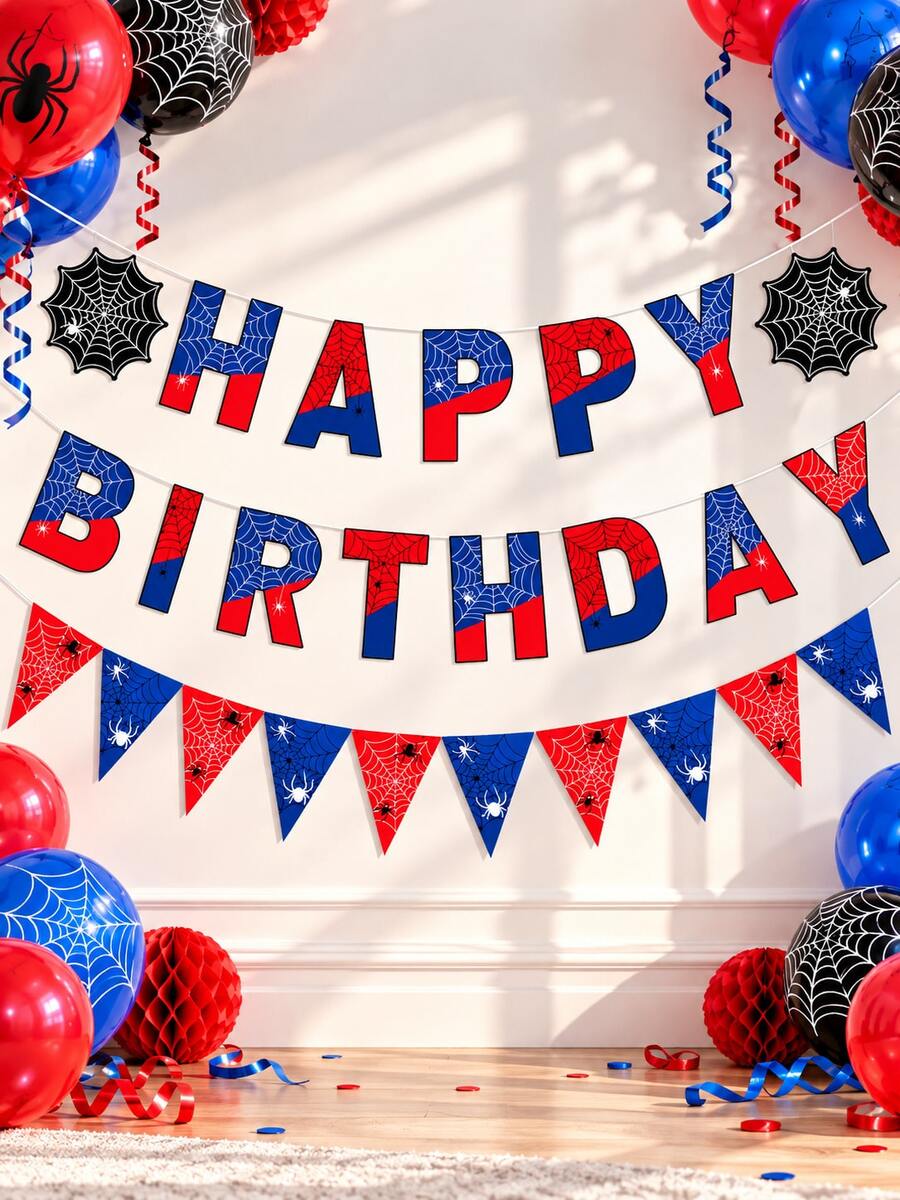 1 Set Spider Web Hero Happy Birthday Banner, Red & Blue Spider Web Print Letter Flags With Spider Web Hollow Cutout Paper And Triangle Bunting, Insect Web Superhero Theme Birthday Party Supplies, Indoor Window Photo Booth Backdrop Decoration - View 1