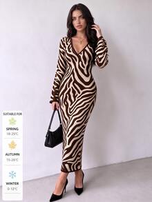 SUNSTORY Women's Autumn/Winter Fashionable V-Neck Zebra Print Knit Sweater Dress, Suitable For Commuting, Street Style, Dating, Evening Party, New Year's Eve - Multicolor - View 1