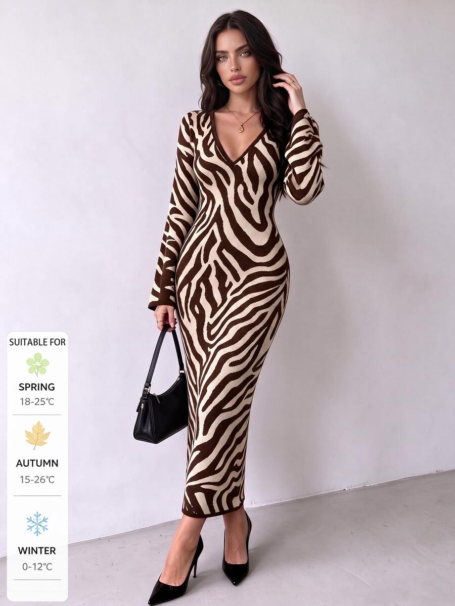 SUNSTORY Women's Autumn/Winter Fashionable V-Neck Zebra Print Knit Sweater Dress, Suitable For Commuting, Street Style, Dating, Evening Party, New Year's Eve - Multicolor - View 1