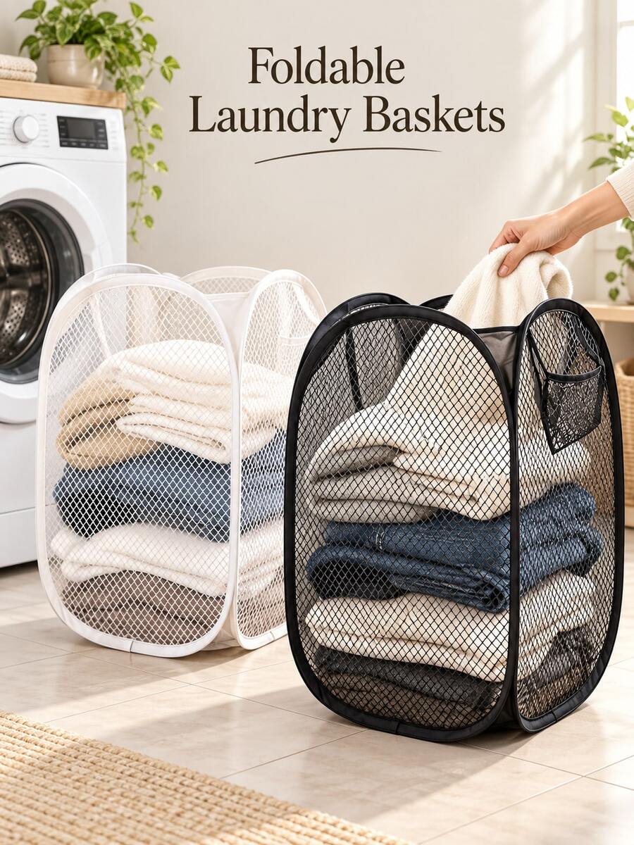Foldable Laundry Storage Basket; Household Dirty Clothes Bag; Lightweight Large Capacity Design, Nylon Mesh Colorful Laundry Basket; Miscellaneous Storage Basket, Laundry Basket, Laundry Bag - Multicolor - View 1