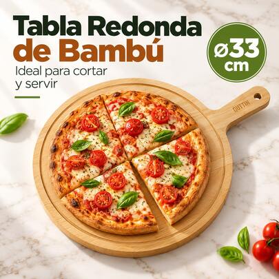 BLOOM STORE - Tábua de Corte e Servir em Bambu 33 x 43 cm - Design Redondo com Alça para Pizza, Queijos, Frios, Pães e Aperitivos, Prática para Cozinha e Mesa