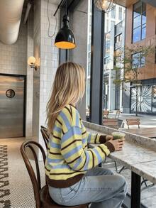 Women's Retro Color Block Striped Knit Cardigan, Fall Winter Round Neck Button Front Oversized Loose Long Sleeve Soft Casual Warm Sweater - Yellow - View 7