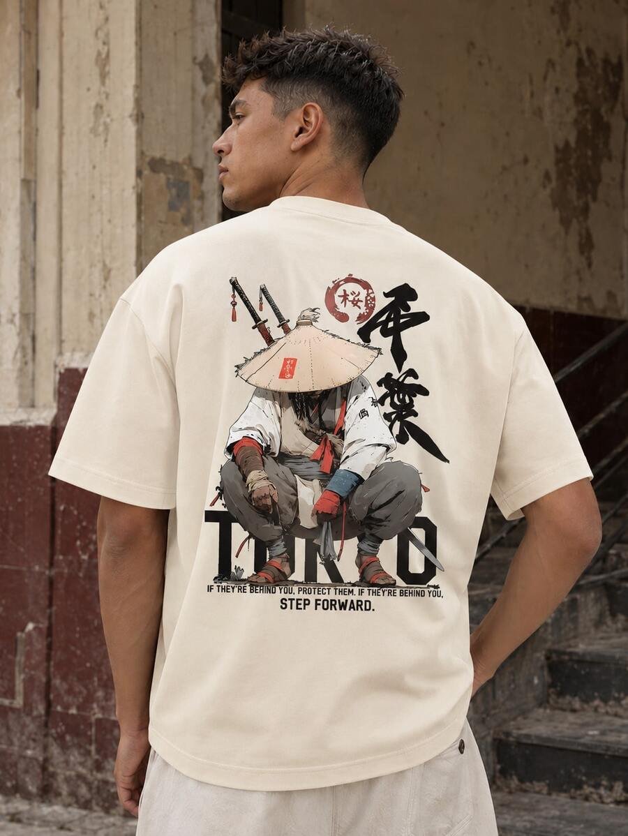 FRACTYR 男士时尚简约印花短袖T恤 | 百搭街头休闲装 - 杏色 - 查看 1