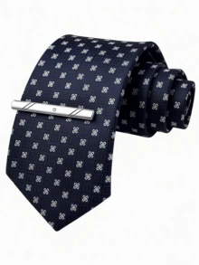 2pcs Men's Fashion Jacquard Collar Tie Clip Set, Business Casual Wedding Celebration Formal Wear Tie Clip 2 Pieces Set - Navy Plaid - View 3