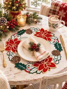 1pc Vintage Pastoral Style Christmas Placemat, Poinsettia Pine Cone Holly Berry Table Mat, Holiday Dining Table Decor Ornament, Suitable For Christmas Home Party Table Decoration - Multicolor - View 10