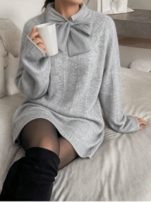 Women's Elegant Silver Thread Bow Front Fuzzy Knit Dress, Long Sleeve Loose Pullover, Soft Warm Winter Casual Top, Suitable For Autumn - Light Grey - View 4