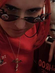 POLASUP 1 buah Kacamata Pesta Bingkai Logam Mini Tanpa Bingkai Tengkorak Cyberpunk Asli yang Dipersonalisasi, Kacamata Dekoratif Fashion Retro Rock Punk Cyber Kepala Harimau Api Halloween (Termasuk Tali Gantungan) - hitam abu-abu - View 6