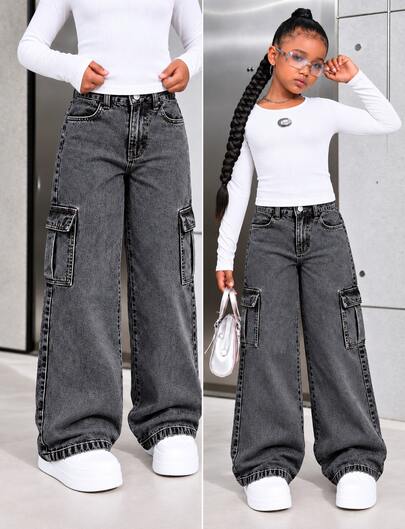 Calça Cargo Wide Leg Jeans para Meninas Chumbo Grafite Marmorizada Preto Com Bolso Lateral Modelo Premium Confortável