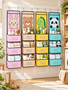 1PC Large 3-Pocket Hanging Storage Organizer 102*30*15cm, Cute Animal Non-Woven Over Door Organizer With Clear Label Window, Nursery Baby Closet Bedroom Bathroom Wall Storage Bag - Multicolor - View 6