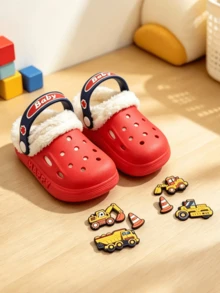 Children's Excavator Construction Vehicle Decor Thick Warm Home Slippers, Winter Slip-On Shoes For Kids - Red - View 9