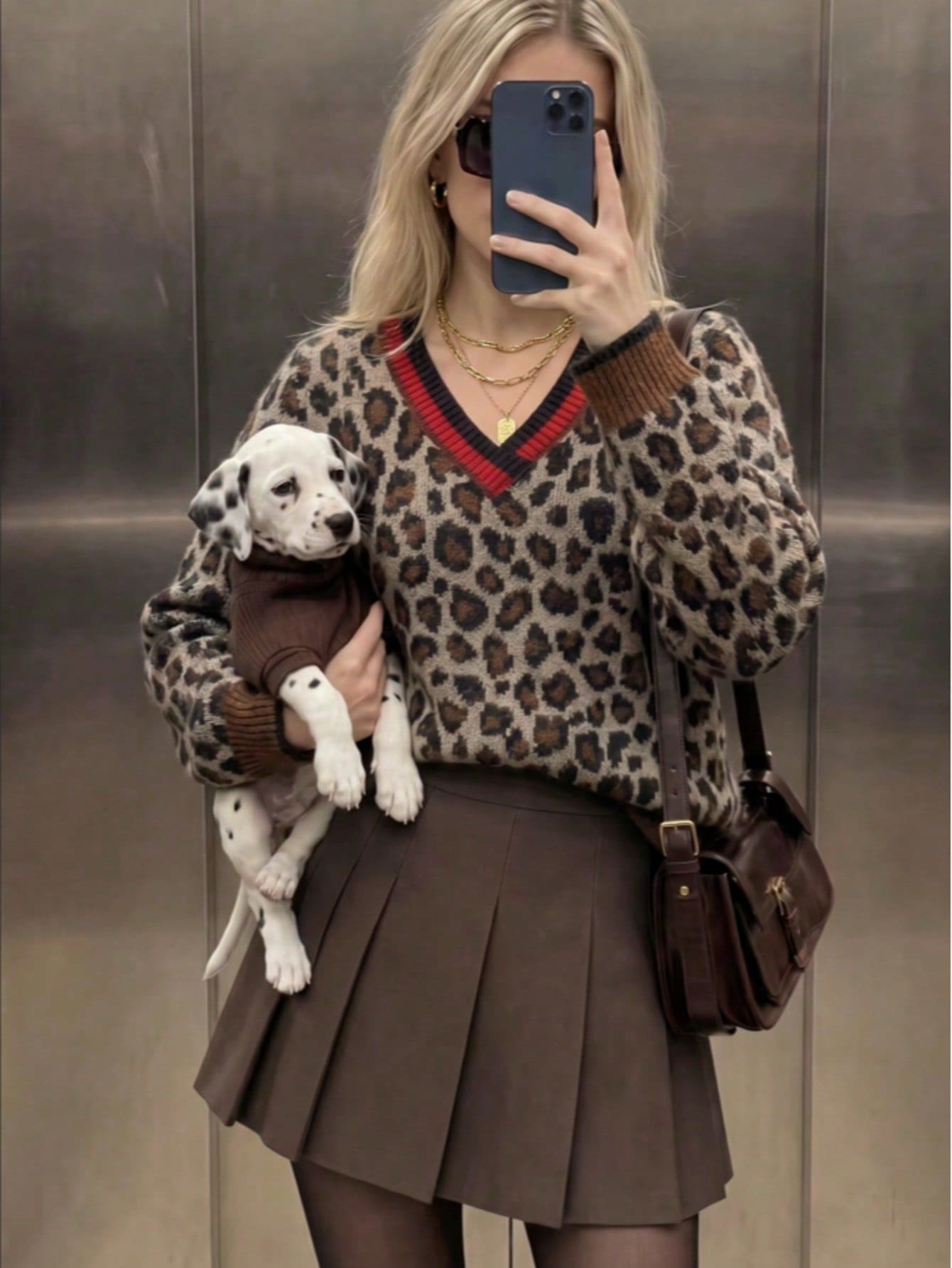 SEREN New Autumn/Winter Women's V-Neck Knit Sweater, Loose Fit, Casual Style, Winter Leopard Print Sweater, Suitable For Commuting And Outings - Deep Apricot - View 1