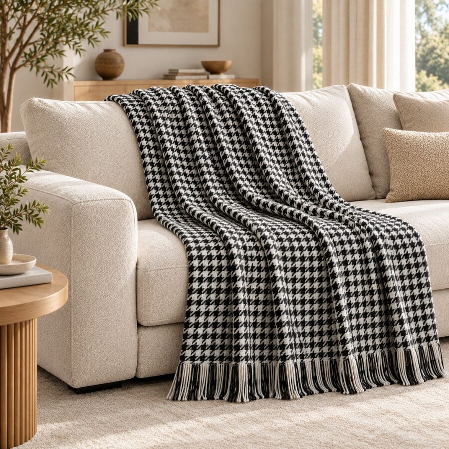 Houndstooth Sofa Throw Blanket With Tassels- 180X200 CM - Non-Slip Couch Protector For Living Room - Black and White - View 1