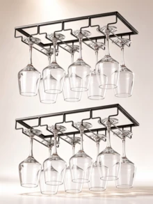 2-Piece Black Metal 4-Tier Wine Glass Rack, A Hanging Wine Glass Rack For Under-Cabinet Installation, Suitable For Storing Stemmed Glasses In The Kitchen, At The Bar Or On Worktops - Black - View 1
