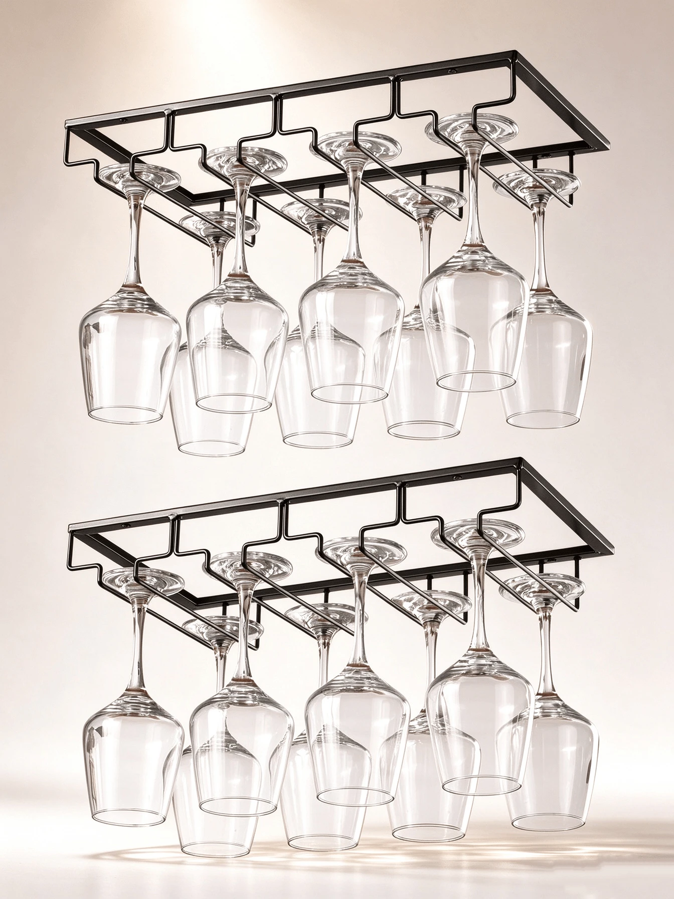 2-Piece Black Metal 4-Tier Wine Glass Rack, A Hanging Wine Glass Rack For Under-Cabinet Installation, Suitable For Storing Stemmed Glasses In The Kitchen, At The Bar Or On Worktops - Black - View 1