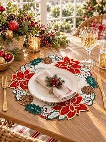 1pc Vintage Pastoral Style Christmas Placemat, Poinsettia Pine Cone Holly Berry Table Mat, Holiday Dining Table Decor Ornament, Suitable For Christmas Home Party Table Decoration - Multicolor - View 7