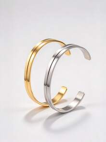 1 Pc Stainless Steel Matte Geometric Ellipse Bangle Bracelet, Daily Wear - Multicolor - View 2