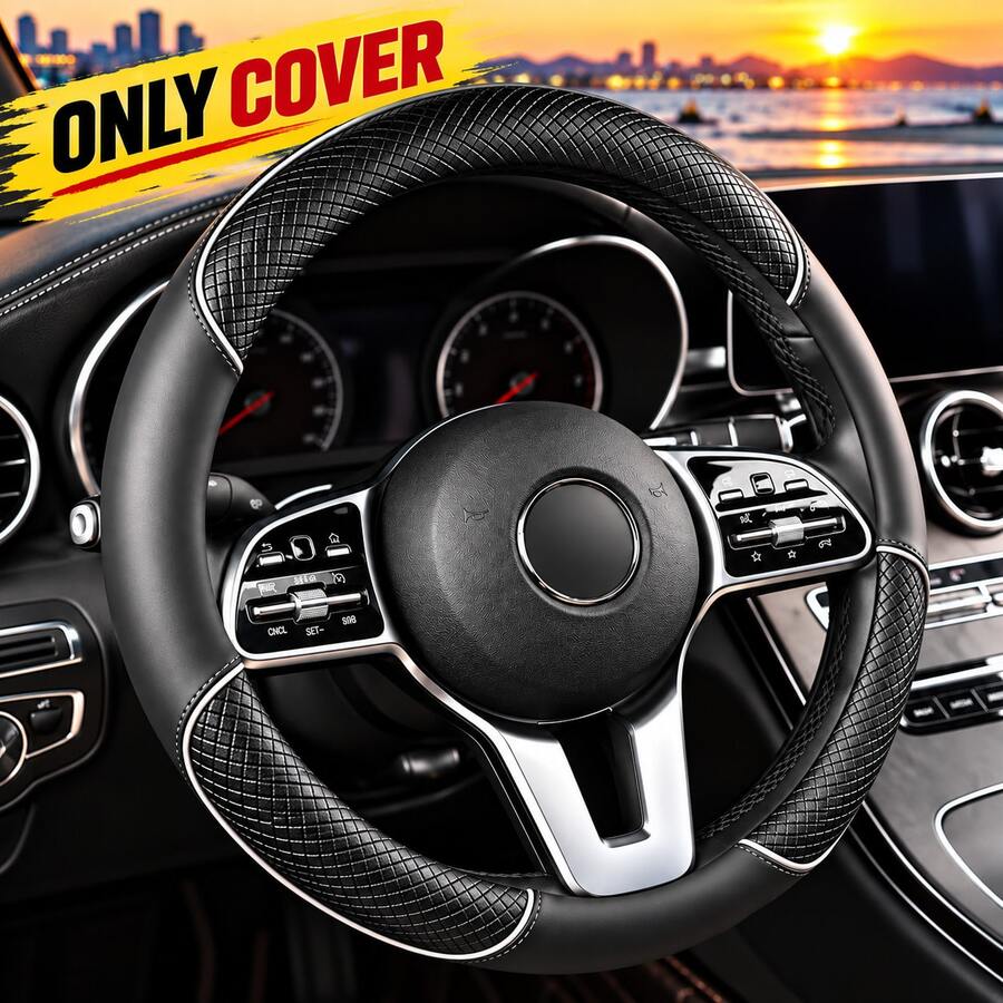 1PC Universal 15 Inch Car Steering Wheel Cover, PU Leather Diamond Pattern Non-Slip Steering Wheel Protector, Soft Comfortable Grip, Durable All-Season Car Interior Accessory For Sedan SUV Truck - Split Handlebar Grips - View 1