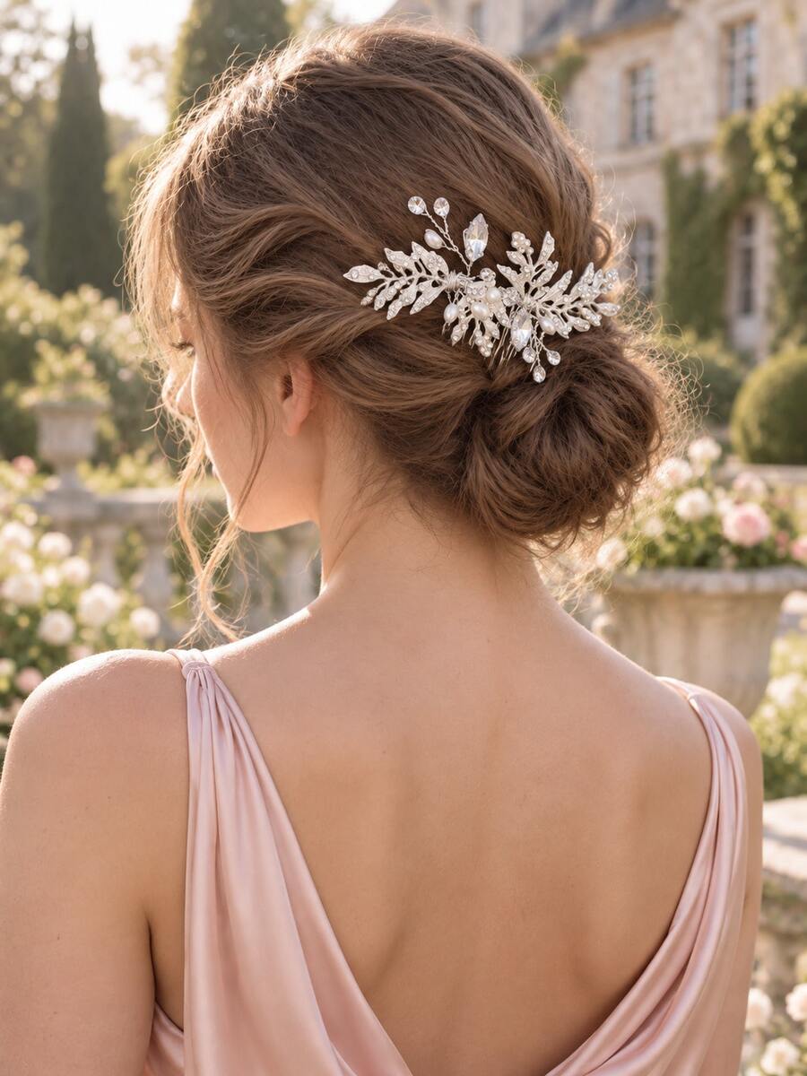 Luxury Vintage Silver Leaf Pearl Crystal Bridal Hair Comb Wedding Hair Accessories For Bride Prom Evening Party Formal Celebration - Multicolor - View 1