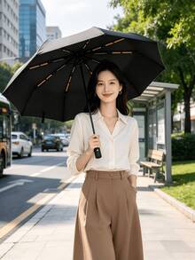 24 Double Bone Automatic Folding Umbrella, Black Glue Coating, One Button Open Close, Windproof Rainproof Sun Shade, Portable For Daily Commute Outdoor Travel - Multiple Styles - View 10