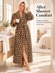 Women's Casual Leopard Print Coral Fleece Bathrobe, Thick Soft Leopard Pattern, Comfortable Winter Style, Fluffy Texture, Suitable For Warm Winter Wear - Multicolor - View 5